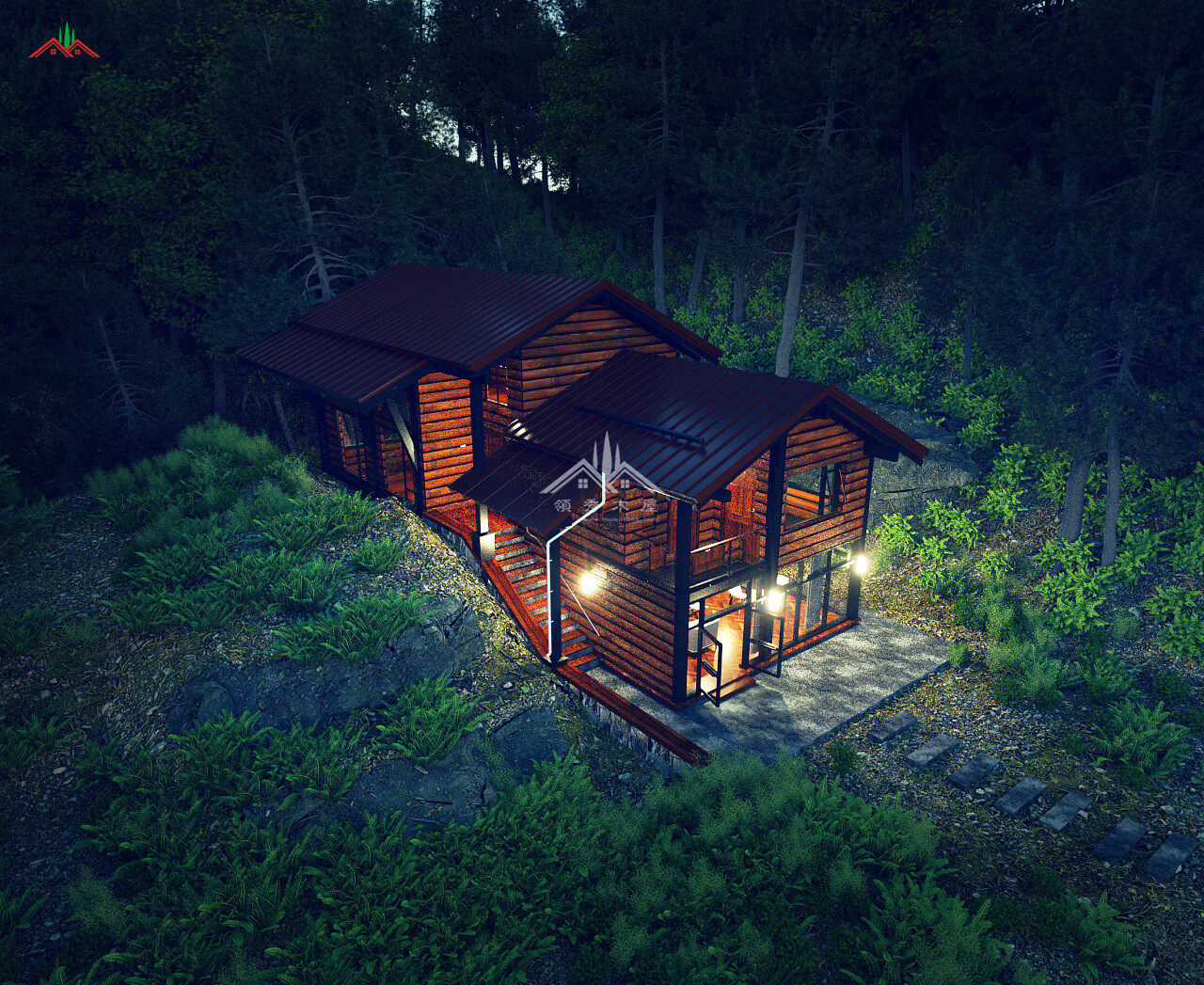 森林木屋夜景效果圖